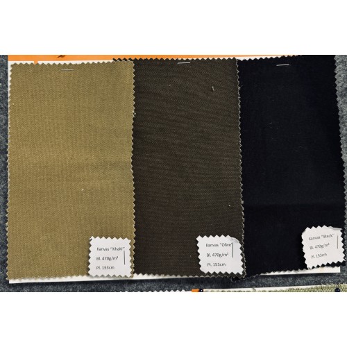 Canvas Waxed Waterproof & Rotproof, Dyed. Black Colour. Width 152cm. Weight 470g/m2. Price per roll (10m) VAT incl.