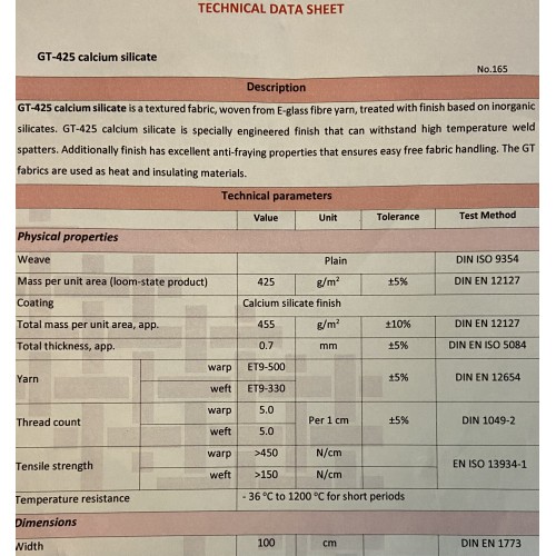 Stiklo pluošto audinys GT-425 calcium silicate, 455 g/m2, 100 cm. Ritimas 50 m